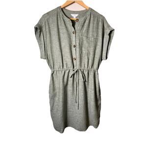 Women’s Linen Blend Dress L 12-14 Sage Green Button Front Cinch‎ Waist Pockets
